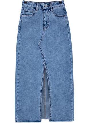 Длинная стрейчевая джинсовая юбка макси-карандаш с разрезом и бахромой2 фото
