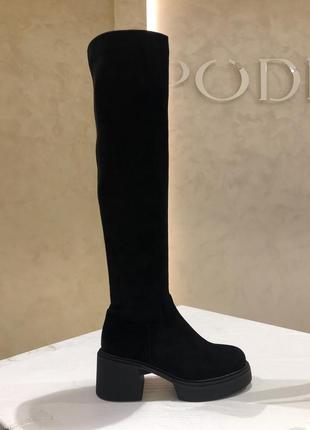 Сапоги чулки женские замшевые черные на широких каблуках 70932-f1bm-h001+h1316 brokolli 3038
