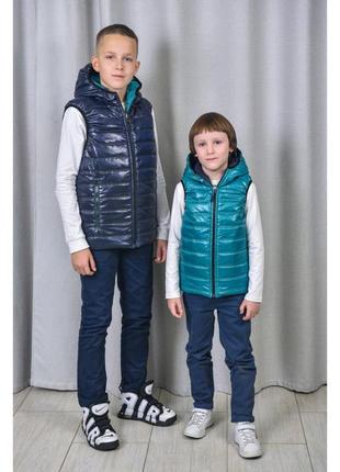 Дитячі двосторонні жилетки для хлопчиків та дівчаток, модель new, колір синій з бірюзовим, розміри 116-164