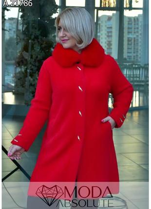 Червоне пальто демісезонне з альпаки з хутряним капюшоном батал оверсайз 48-54 розмір7 фото