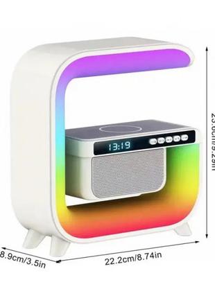 Ночник аккумуляторный rgb g3 с беспроводной зарядкой 15w и bluetooth колонкой 3w настольная смарт лампа белая4 фото