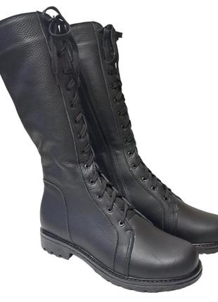 Зимові жіночі чоботи шкіряні на хутрі зі шнурком по центру чорні 36-41 від виробника на замовлення