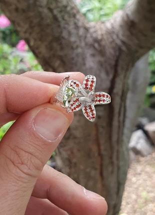 Кольцо птица колибри на цветке из серебра3 фото