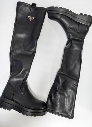 Ботфорти чорні  на високій підошві чоботи високі жіночі чорні,  чоботи-панчохи чорні3 фото