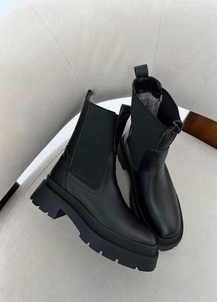 Квадратный мыс кожаные зимние черные ботинки челси женские натуральные на меху2 фото