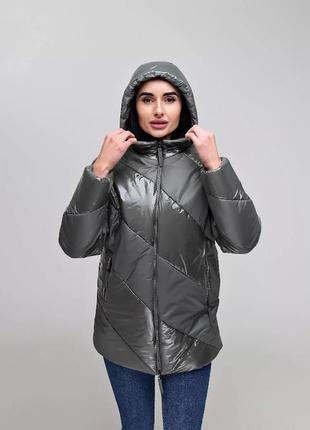 Куртка жіноча стьобана демісезонна комбі лак/лаку, олива, р.44-54, україна2 фото