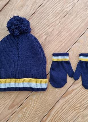 Комплект для мальчика шапка и варежки, размер 52-53, цвет синий2 фото