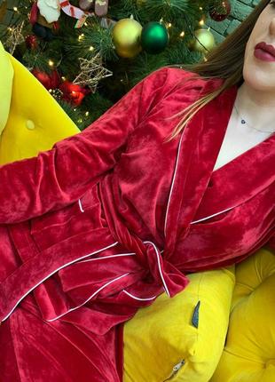 Червона натуральна велюрова піжама/домашній костюм сорочка шаль на запах і штани s-l3 фото