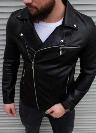 Мужская черная кожаная куртка косуха весна-осень4 фото