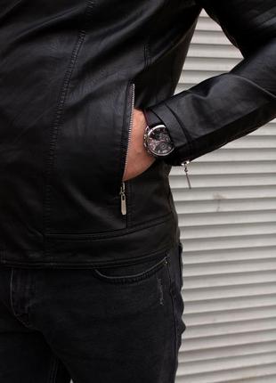 Мужская черная кожаная куртка косуха весна-осень7 фото