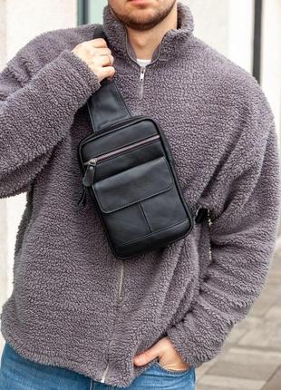 Чоловіча шкіряна сумка слінг через плече чорна месенджер з натуральної шкіри (b)1 фото
