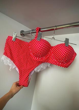 Червоний кораловий чорний купальник бандо в білий горошок із мереживом висока посадка на гумці