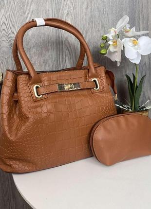 Женская сумка набор + клатч косметичка 2 в 1 под рептилию, сумочка на плечо в стиле кожа рептилии коричневый5 фото