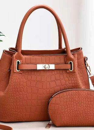 Женская сумка набор + клатч косметичка 2 в 1 под рептилию, сумочка на плечо в стиле кожа рептилии коричневый3 фото