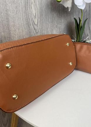 Женская сумка набор + клатч косметичка 2 в 1 под рептилию, сумочка на плечо в стиле кожа рептилии коричневый7 фото