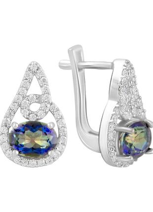 Стильные серебряные сережки с мистик топазом и фианитами женские серьги капельки серебро с овальным камнем