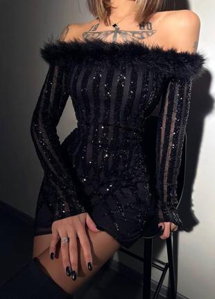 Вишукана сяюча сукня міні з візерунками з паєток, вечірнє плаття міні з хутром