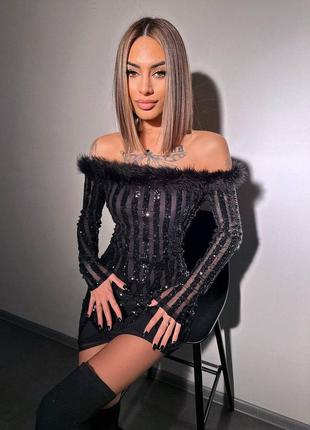 Вишукана сяюча сукня міні з візерунками з паєток, вечірнє плаття міні з хутром