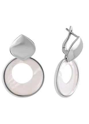 Стильні срібні сережки підвіски з натуральним перламутром круглі висячі жіночі сережки зі срібла