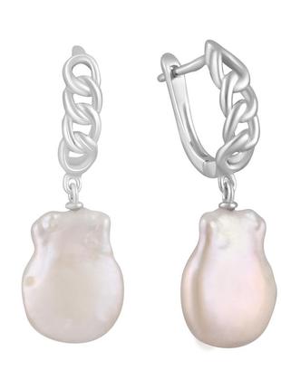 Срібні сережки підвіски з натуральними перлами барочними сучасні висячі сережки зі срібла з ланцюжком1 фото