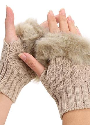 Женские вязаные перчатки без пальцев с мехом, варежки, митенки