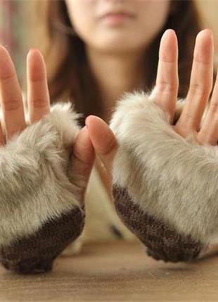 Женские вязаные перчатки без пальцев с мехом, варежки, митенки