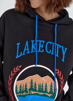 Худи женское длинное утепленное с принтом и надписью lake city черное l4 фото