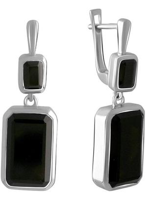 Трендовые серебряные сережки подвески с натуральным черным ониксом крупные висячие женские серьги из серебра1 фото