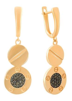 Золоті сережки підвіски монетки в стилі карт'є гріздки з фіанітами кульчики жіночі сережки із золота з чорними каменями
