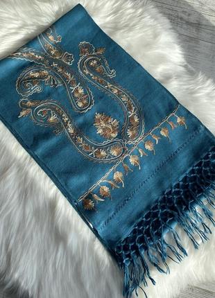 Шерстяной синий шарф шерсть голубой вышивка с вышивкой she2 фото