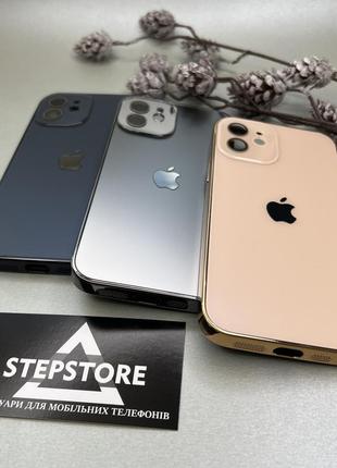 Чохол для iphone 12 скляний із хромованим обідком glass titanium case з лінзами на камеру матовий2 фото