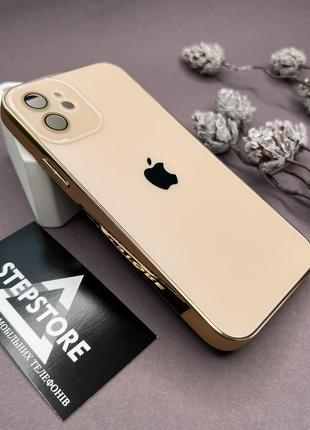 Чохол для iphone 12 скляний із хромованим обідком glass titanium case з лінзами на камеру матовий4 фото