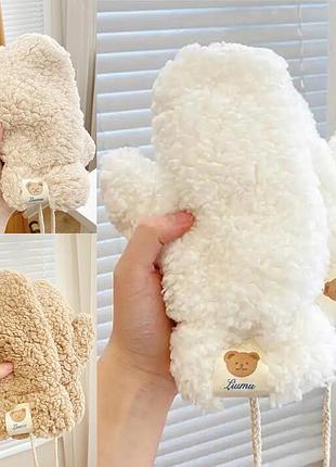 Варежки меховые тедди со шнурком (teddy, медведь, мишка, каракуль) белый, унисекс wuke one size