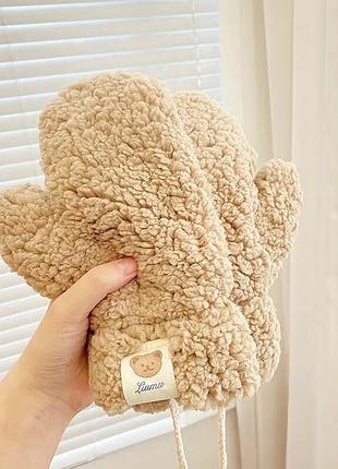 Варежки меховые тедди со шнурком (teddy, медведь, мишка, каракуль) белый, унисекс wuke one size