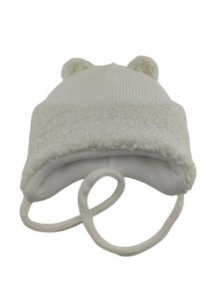 Детская вязаная шапка теплая с флисом на завязках детские головные уборы белый (шдт293)2 фото