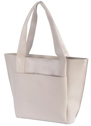 Большая минималистичная стильная сумка женская качественная на три отделения цвет беж тауп1 фото