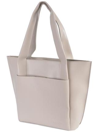 Большая минималистичная стильная сумка женская качественная на три отделения цвет беж тауп2 фото