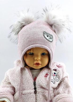 Дитяча ангорова шапка тепла з флісом на зав'язках дитячі головні убори рожевий (шдт347)