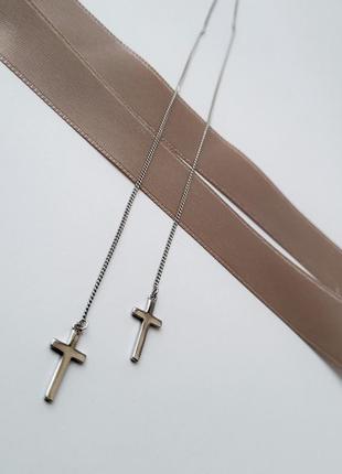 Серебряные  серьги (пара) сережки длинные протяжки крестики без камней серебро 925 пробы родированное с2/20586 фото