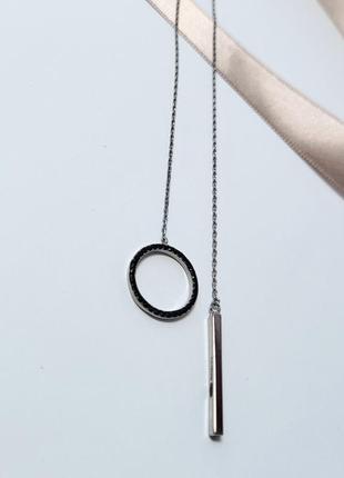 Женская серебряная цепочка-колье с подвеской краватка круг с черными камнями 55 см серебро 925 пробы клф/10924 фото