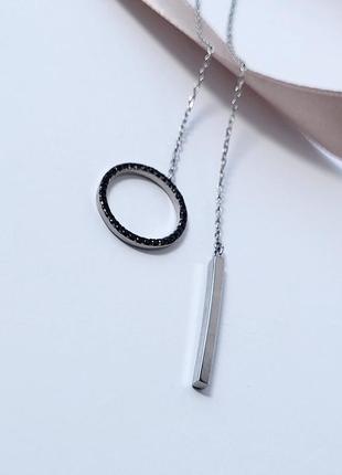 Женская серебряная цепочка-колье с подвеской краватка круг с черными камнями 55 см серебро 925 пробы клф/10927 фото