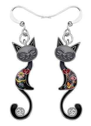 Милі різнокольорові емалеві сережки у вигляді чорної кішки з білими каменями унікальні сережки коти