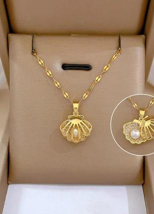 Цепочка с кулоном мед золото раковина с жемчужинкой классическое ожерелье1 фото