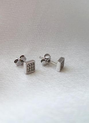 Серебряные сережки серьги гвоздики на фиксаторах квадрат с белыми камнями серебро 925 пробы родиров. 1054 0.91