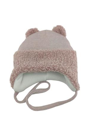 Детская вязаная шапка теплая с флисом на завязках детские головные уборы розовый (шдт288)2 фото