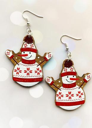 Серьги деревянные новогодние снеговик (основание американский орех)