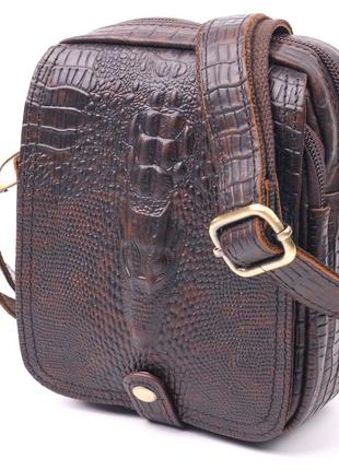 Фактурна чоловіча сумка з натуральної шкіри з тисненням під крокодила 21300 vintage коричнева