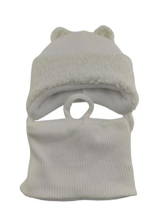 Детская вязаная шапка теплая с флисом хомутом с завязками детские головные уборы белый (шдт308)2 фото