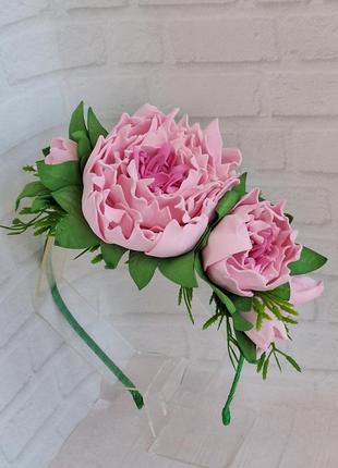 Обруч ободок с розовыми пионами