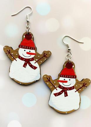 Сережки дерев'яні новорічні сніговик (основа американський горіх)
